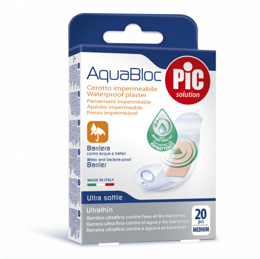 Plasturi rezistenti la apa PIC SOLUTION AQUABLOC 19x72mm cu solutie antibacteriana 20buc/cut