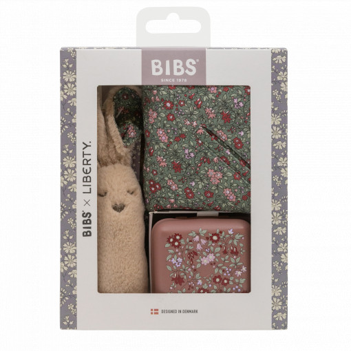 BIBS X Liberty Bundle - Set cutie cadou cu bavetica, cutie de suzeta, clip suzeta si jucarie multisenzoriala