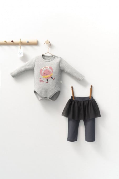 Set 2 piese cu body si pantalonasi cu tulle pentru fetite Monster, Tongs baby (Culoare: Gri, Marime: 6-9 luni)