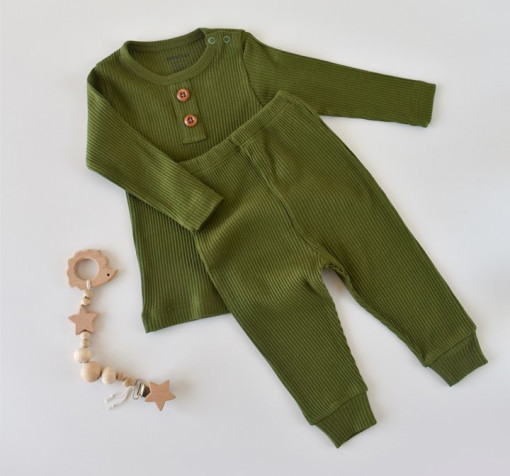 Set bluzita cu maneca lunga si pantaloni lungi din bumbac organic si modal - Verde BabyCosy (Marime: 9-12 luni)