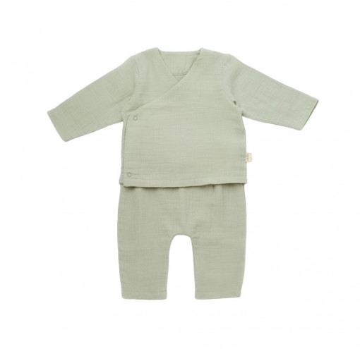 Set bluzita petrecuta si pantaloni lungi din muselina, BabyCosy, 100% bumbac organic, Verde (Marime: 18-24 Luni)