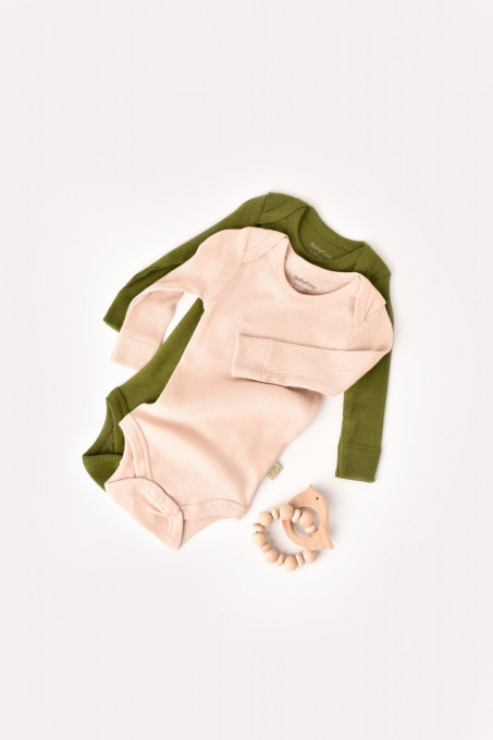 Set 2 body-uri cu maneca lunga bebe unisex din bumbac organic si modal - Verde/Blush, BabyCosy (Marime: 12-18 Luni)