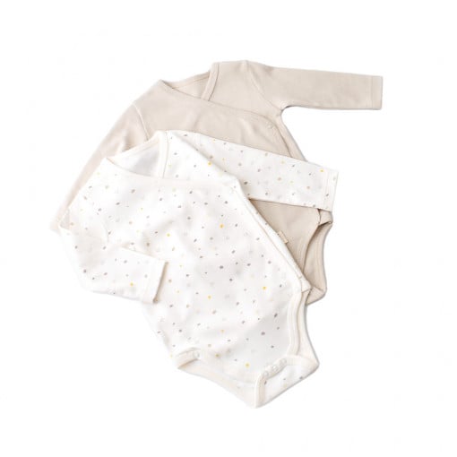 Set 2 body-uri cu maneca lunga petrecute bebe unisex -100% bumbac organic - Ecru cu buline, BabyCosy (Marime: 6-9 luni)