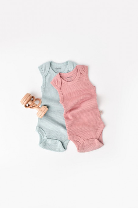 Set 2 body-uri fara maneci bebe unisex din bumbac organic si modal - Mint/Rose, BabyCosy (Marime: 6-9 luni)