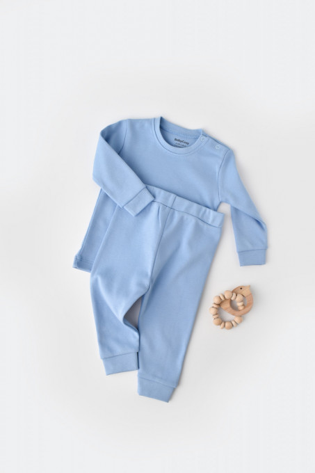 Set bluzita cu maneca lunga si pantaloni lungi - bumbac organic 100% - Bleu, BabyCosy (Marime: 9-12 luni)