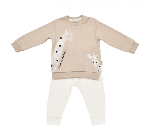 Set bluzita cu maneca lunga si pantaloni lungi cu buline Girafa, BabyCosy, 100% bumbac organic, Mink (Marime: 9-12 luni)