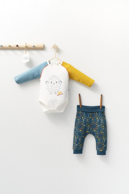 Set cu pantalonasi si body cu maneca lunga pentru bebelusi Monster, Tongs baby (Marime: 12-18 Luni, Culoare: Turcoaz)