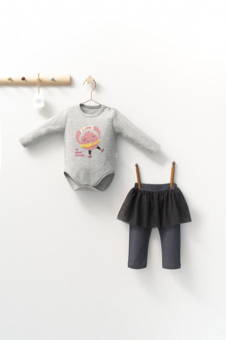 Set 2 piese cu body si pantalonasi cu tulle pentru fetite Monster, Tongs baby (Culoare: Gri, Marime: 9-12 luni)