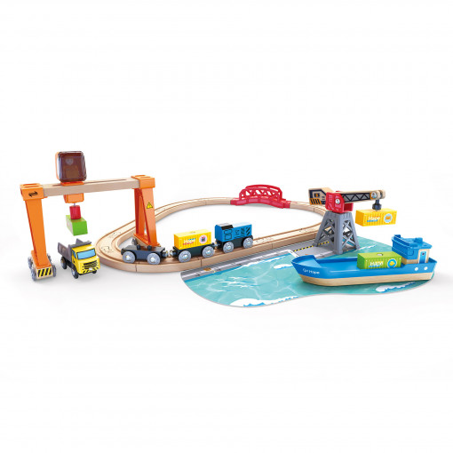 Set de jucarie din lemn - port cu trenuri, vapoare si camioane