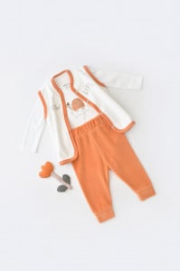 Set 3 piese Broscuta cu body, pantalonasi si vestuta din 80%bumbac organic si 20% poliester - Portocaliu, BabyCosy (Marime: 9-12 luni)