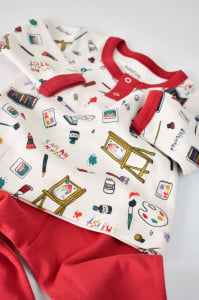 Set bluzita cu maneca lunga si nasturei si pantaloni lungi, 100% bumbac organic, BabyCosy, Rosu (Marime: 9-12 luni)