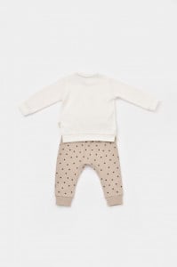 Set bluzita cu maneca lunga si pantaloni lungi cu buline Girafa, BabyCosy, 100% bumbac organic, Ecru (Marime: 12-18 Luni)