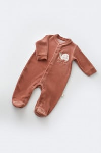 Set Broscuta cu salopeta si body din 80%bumbac organic si 20% poliester - Caramiziu, BabyCosy (Marime: 6-9 luni)