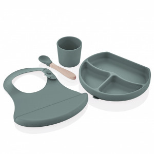 Set diversificare 4 piese din silicon BabyJem: bavetica, farfurie, lingurita si pahar (Culoare: Ecru)