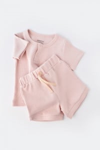 Set tricou cu pantaloni scurti - 100% bumbac organic - Roz, BabyCosy (Marime: 12-18 Luni)