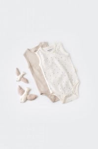 Set 2 body-uri fara maneci bebe unisex -100% bumbac organic - Ecru cu buline, BabyCosy (Marime: 3-6 Luni)