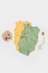 Set 2 body-uri fara maneci Printed, BabyCosy, 50% modal+50% bumbac, Lamaie/Verde (Marime: 3-6 Luni)