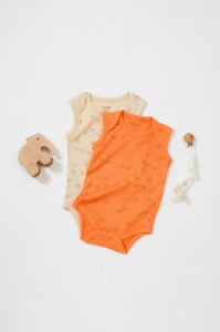 Set 2 body-uri fara maneci Printed, BabyCosy, 50% modal+50% bumbac, Stone/Apricot (Marime: 0-3 Luni)