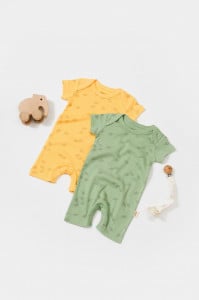 Set 2 salopete scurte Printed, BabyCosy, 50% modal+50% bumbac, Lamaie/Verde (Marime: 9-12 luni)