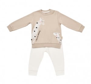 Set bluzita cu maneca lunga si pantaloni lungi cu buline Girafa, BabyCosy, 100% bumbac organic, Mink (Marime: 12-18 Luni)