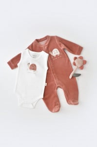 Set Broscuta cu salopeta si body din 80%bumbac organic si 20% poliester - Caramiziu, BabyCosy (Marime: 0-3 Luni)