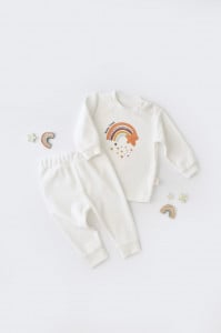 Set Curcubeu cu bluzita cu maneca lunga si pantaloni lungi din 80%bumbac organic si 20% poliester - Ecru, BabyCosy (Marime: 6-9 luni)