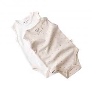 Set 2 body-uri fara maneci bebe unisex -100% bumbac organic - Crem cu buline, BabyCosy (Marime: 12-18 Luni)