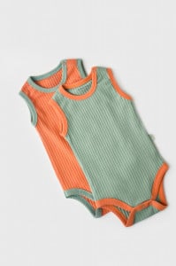 Set 2 body-uri fara maneci Ribana Bebe Unisex din bumbac organic si 5%elastan - Portocaliu/Verde BabyCosy (Marime: 12-18 Luni)