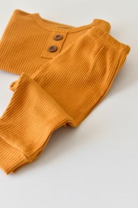 Set bluzita cu maneca lunga si pantaloni lungi din bumbac organic si modal - Mustar BabyCosy (Marime: 18-24 Luni)