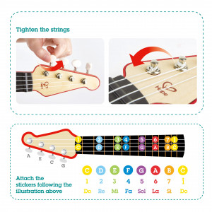 Jucarie din lemn - Instrument Ukulele (chitara) rosu - invata sa canti cu lumini - Img 4