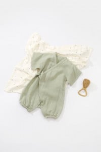 Salopeta petrecuta din muselina, BabyCosy, 100% bumbac organic, Verde (Marime: 18-24 Luni)