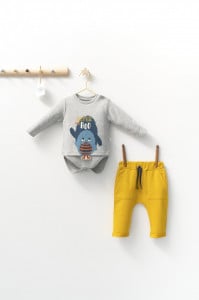 Set cu pantalonasi cu buzunare si body cu maneca lunga pentru bebelusi Monster, Tongs baby (Culoare: Galben, Marime: 18-24 Luni)