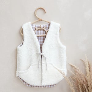 Vesta pentru copii, reversibila, dublat, muselina carouri Bej si tesatura bucle Crem, Teddy by BabyLy, 104 110, 3-5 ani