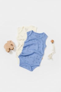 Set 2 body-uri fara maneci Printed, BabyCosy, 50% modal+50% bumbac, Ecru/Lavanda (Marime: 0-3 Luni)