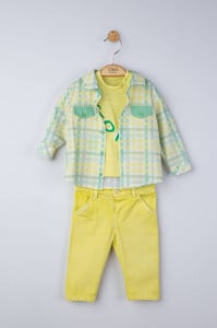 Set 3 piese: blugi, tricou si camasa in carouri pentru bebelusi, Tongs baby (Culoare: Gri, Marime: 9-12 luni)