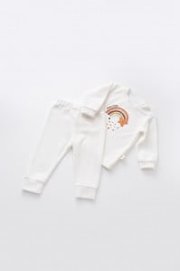 Set Curcubeu cu bluzita cu maneca lunga si pantaloni lungi din 80%bumbac organic si 20% poliester - Ecru, BabyCosy (Marime: 12-18 Luni)