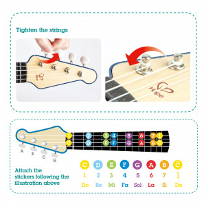 Jucarie din lemn - Instrument Ukulele (chitara) albastru - invata sa canti cu lumini - Img 6