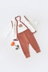 Set 3 piese Broscuta cu body, pantalonasi si vestuta din 80%bumbac organic si 20% poliester - Caramiziu, BabyCosy (Marime: 12-18 Luni) - Img 1