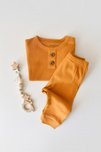 Set bluzita cu maneca lunga si pantaloni lungi din bumbac organic si modal - Mustar BabyCosy (Marime: 6-9 luni)