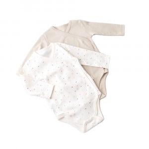 Set 2 body-uri cu maneca lunga petrecute bebe unisex -100% bumbac organic - Ecru cu buline, BabyCosy (Marime: 6-9 luni) - Img 1