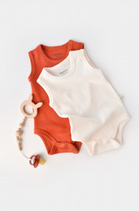 Set 2 body-uri fara maneci bebe unisex -100% bumbac organic -Scortisoara/Ecru, BabyCosy (Marime: 18-24 Luni)