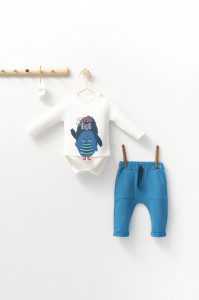 Set cu pantalonasi cu buzunare si body cu maneca lunga pentru bebelusi Monster, Tongs baby (Culoare: Albastru, Marime: 9-12 luni)