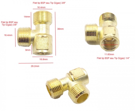 Ramificatie tip T din alama ptr. compresor 3/8" - 3/8" - 1/4" NR.1150