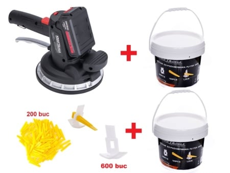Ventuză Vibratoare cu Acumulator 21V 2Ah pentru Gresie și Faianță + Gratis 2 galeti cu sisteme de nivelare 600 de clipsuri si 200 de pene