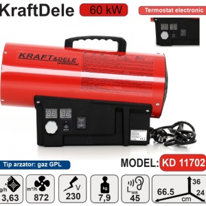 Tun caldura cu gaz GPL cu TERMOSTAT -60 kW KraftDele KD11702 – arzător pe gaz, 60W, Kraft&Dele