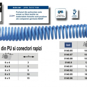 Furtun spiralat conectori aer comprimat din PU 8 x 5mm; 5m; 12-37 bari. ADLER AD0140.8 – echipament profesional, 37BARI