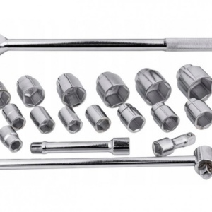 Set chei tubulare hexagonale KraftDele KD304, 21 piese, antrenare 3/4 inch, dimensiuni 19-50 mm, cu clichet, prelungitoare și geantă