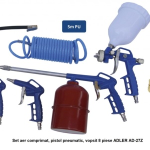Set pneumatic Adler AD-27Z, 8 piese, cu pistol de suflare, pistol de umflare și furtun spiralat pentru aer comprimat