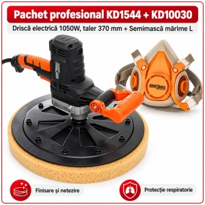 Pachet profesional pentru finisat tencuială – Driscă electrică 1050W, taler 370 mm + Semimască de protecție cu filtre, mărime L