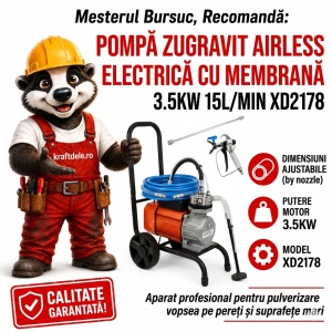 Pompa zugravit airless electrica cu membrana 3.5KW 15L/min KD2178, aparat profesional pentru pulverizare vopsea pe pereți și suprafețe mari